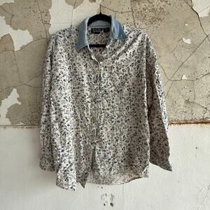 Vintage 90s Button Up Shirt Womens L Ditsy Floral Print Denim Collar Cottagecore